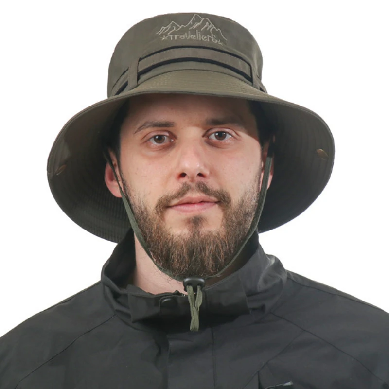 Men Bucket Hat Wide Brim Breathable Sun Hat Outdoor Waterproof Hiking Fisherman Cap Letter Embroidery UV Protection Basin Cap