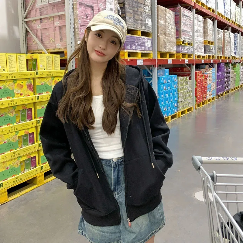 Herbst Winter Mit Kapuze Zip-Up frauen Sweatshirt Casual Lose Strickjacke Grau Hoody Jacke Frau Koreanische Harajuku Sweatshirts Mäntel