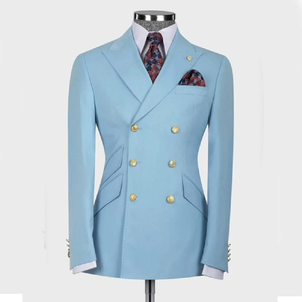 

Custom Sky Blue Men Suit Slim Fit 2 Piece High Quality Jacket Pants Double Breasted Wedding Groom Best Man Male Blazer Masculino