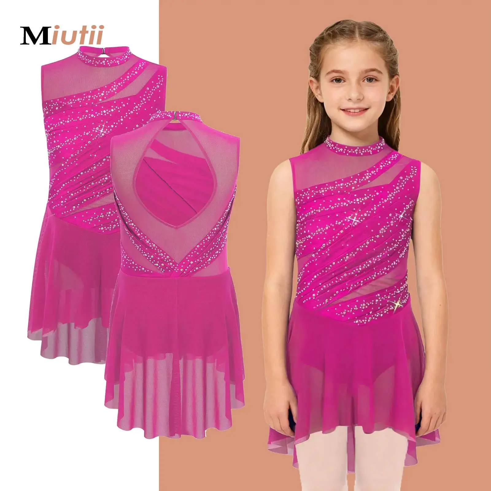 

Girls Ballet Lyrical Leotard Dance Tutu Dress Sleeveless Shiny Rhinestone Sheer Mesh Gymnastics Figure Skating Costume Dancewear