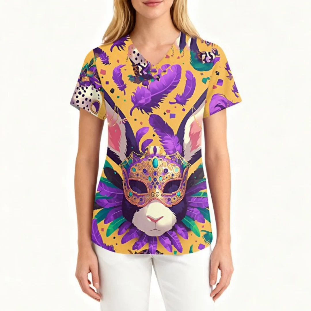 女性用マルディグラススクラブトップ 面白いマスク フェザープリント 半袖 看護師作業服 マルディグラス 快適なスクラブトップ ポケット付き