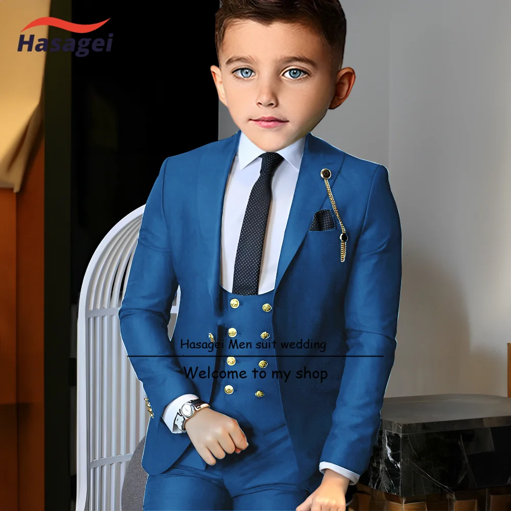 White Suit for Boys 2-16 years old Customized Suit Children\'s Wedding Tuxedo Gold Buttons 3-piece Set Jacket Vest Pant