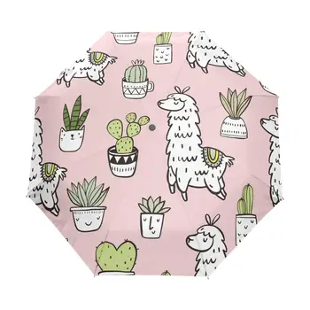 Cartoon Alpaca Cactus Folding Umbrella Lovely Animal Botanical Adults Teens Kids Compact Windproof Travel Umbrella Rain Sun