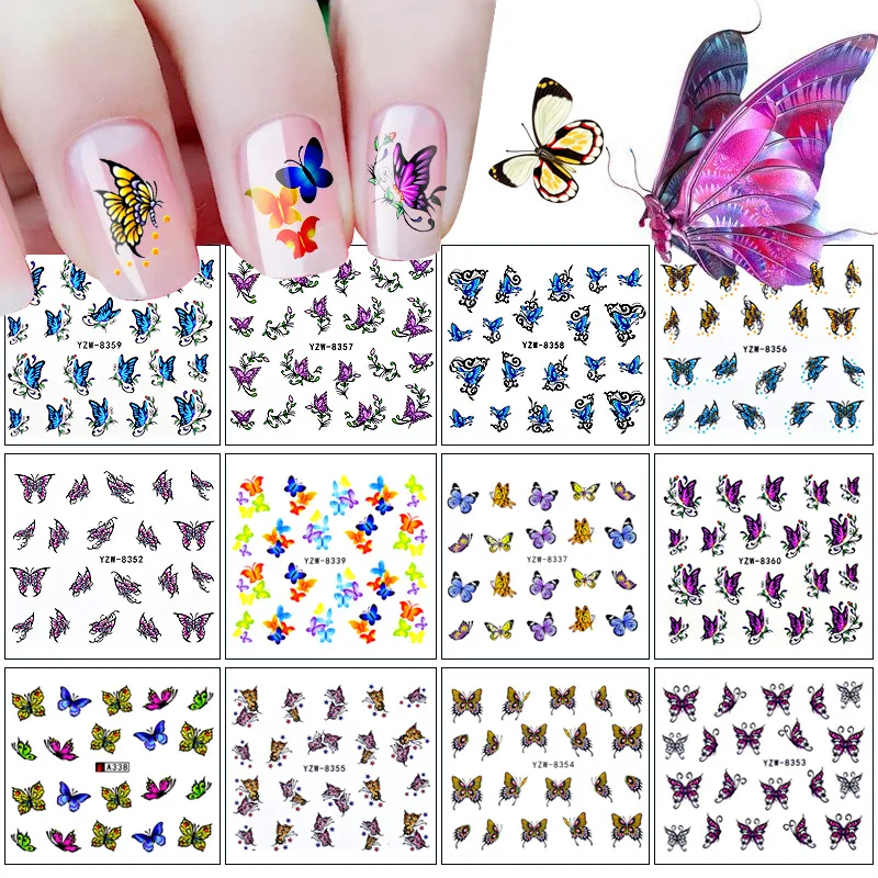 

12pcs/set Water Transfer Nail Sticker Decal 3d Charm Butterfly Watermark Sticker Slider for DIY Nail Tips Decorations Manicure