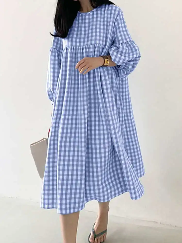 2023 ZANZEA Vintage Check Dress Women's Autumn Dresses Casual Long Sleeve Midi Vestidos Female O Neck Robe Femme Oversize Dress