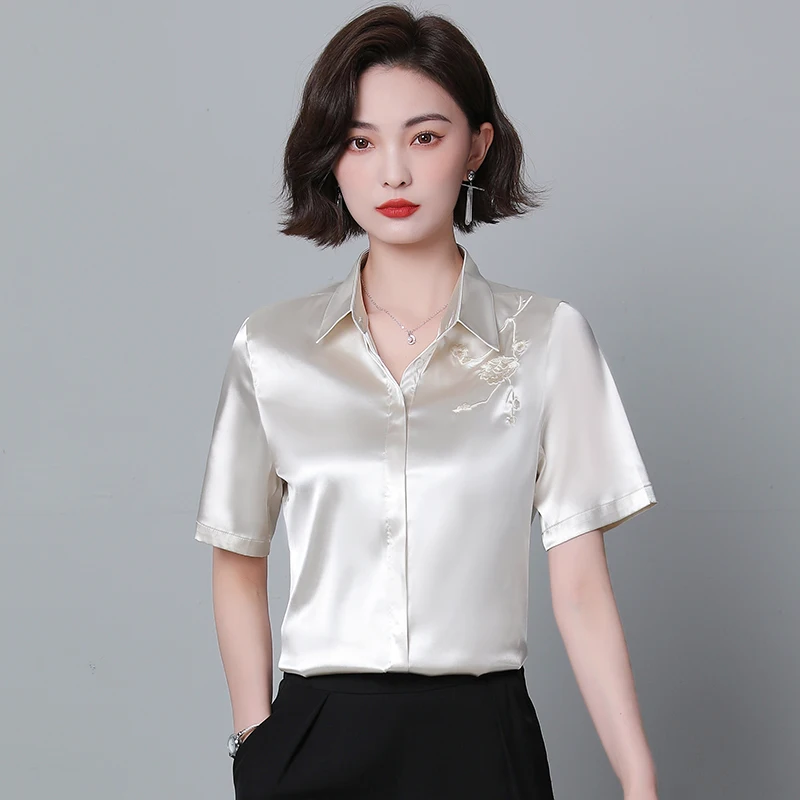 

2025 New Summer Office Ladies' Work Shirts Women Satin Silk Shirt Short sleeved Top Elegant Embroidered Blouses