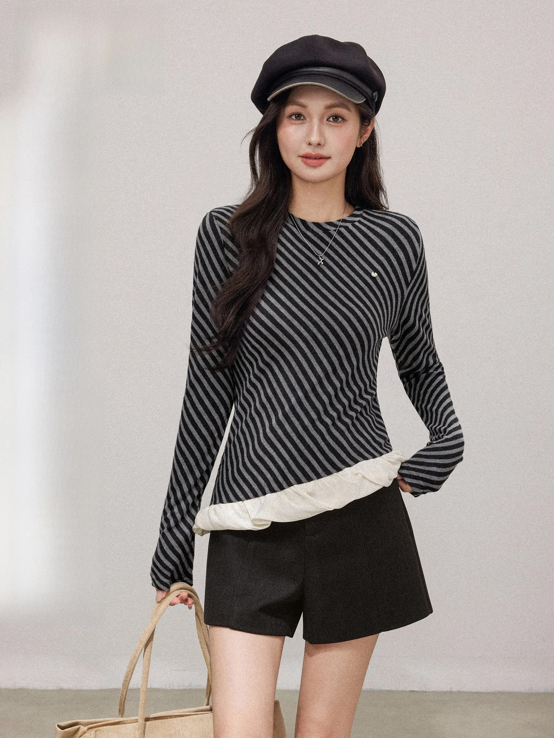 

Женская футболка с длинным рукавом, осенне-зимняя, уникальный дизайн с кружевными вставками и нерегулярными полосками, повседневный стиль, дышащий, удобный топ