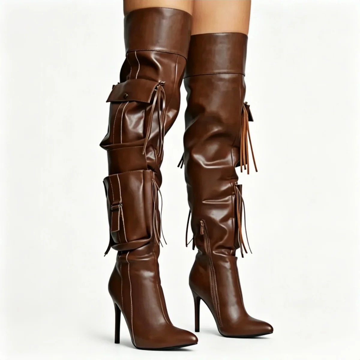 Sandalias de mujer, Zapatos de tacón de mujer, Zapatillas de hombre Chunta 6.0, Botas altas de tacón de aguja con bolsillos cargo, borlas y cremallera, estilo punk, para uso diario y club