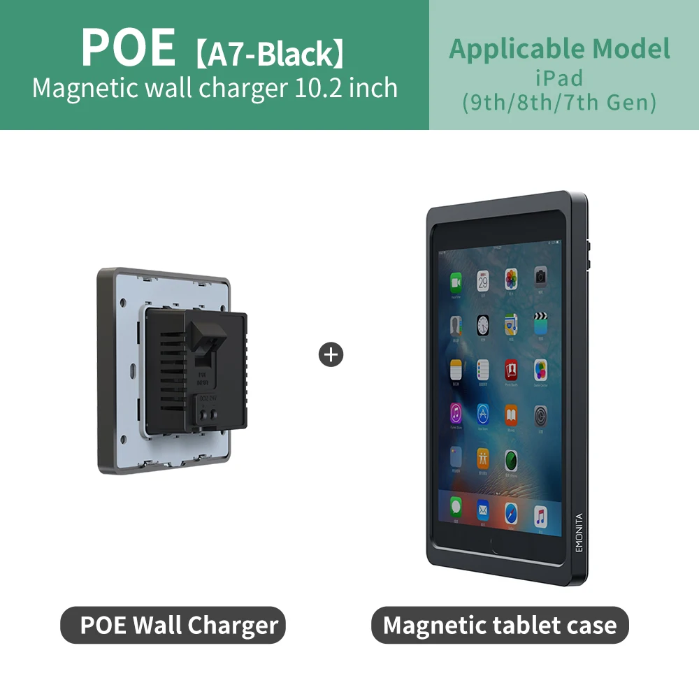 

EMONITA Magnetic Wall Mount with Charging Case for iPad (7th/ 8th/ 9th gen)10.2" POE and DC Up to 18W Quick Charge, 360 Rotation