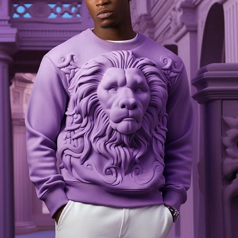Fashion Lion Relief Graphic Sweatshirts Trend Cool Long Sleeve Mens 3D Printed Crew Neck Hoodie Casual Streetwear Oversized Tops