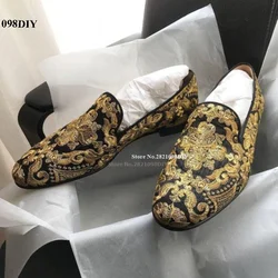 Hand Embroidered Loafers Casual Stud Crystal Gold Embroidery Shoes Comfort Men Floral Flats Casual Shoes Zapatillas Chaussure