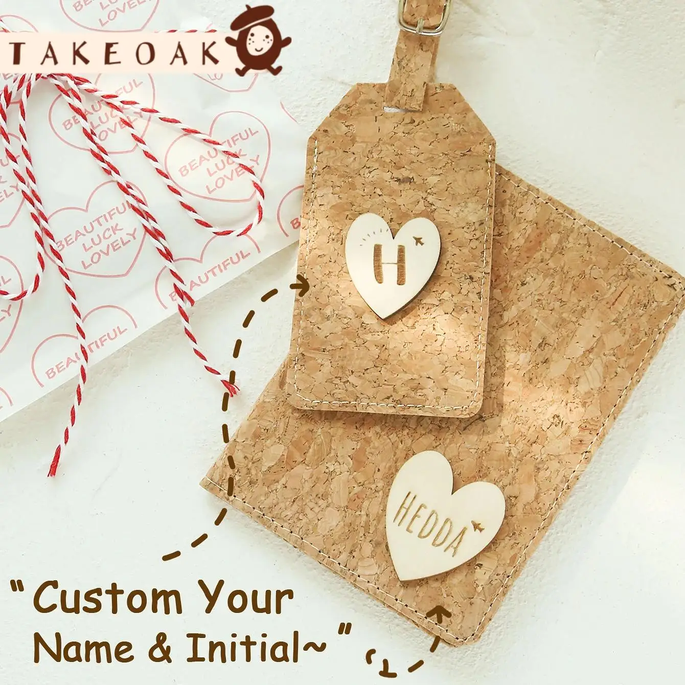 2PCS Custom Initials Cork Passport & Luggage Set - Engraved Wood Texture, Handmade Gift for Christmas/Bridal/Birthdays