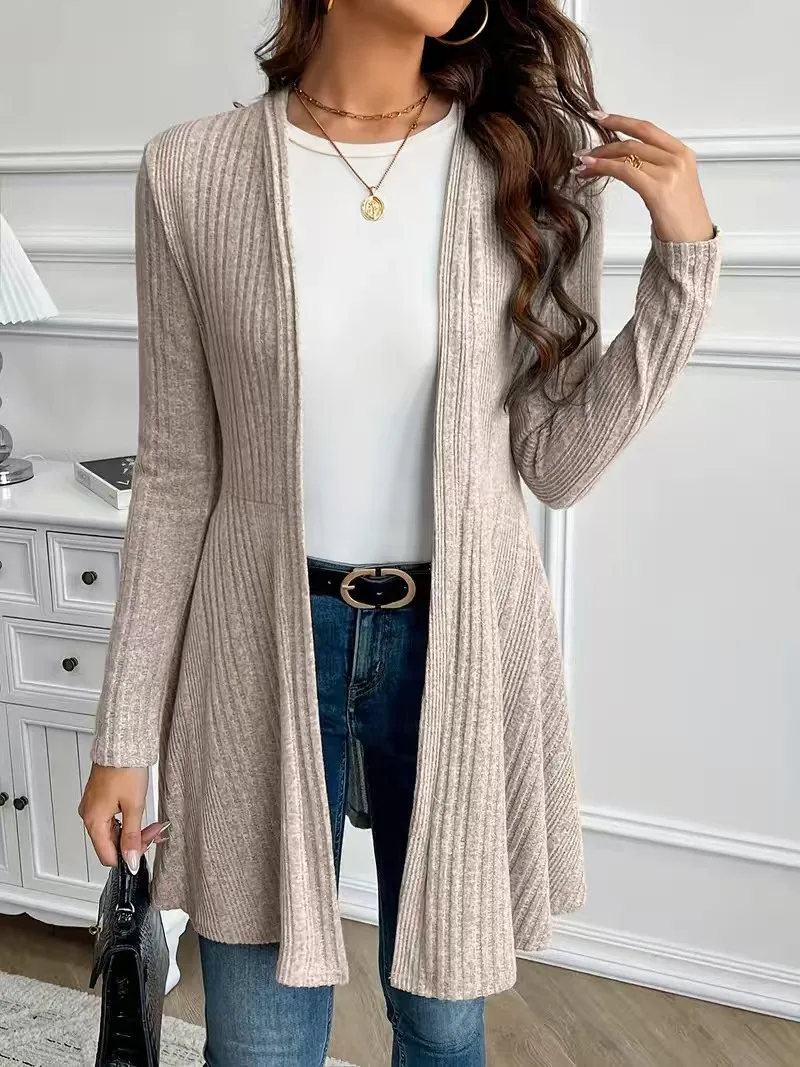 Schwarzer gerippter Strick-Cardigan für Damen, vorne offen, langärmlig, A-Linie, mittellang, lässige, lockere Oberbekleidung für Frühling und Herbst – Detail 15
