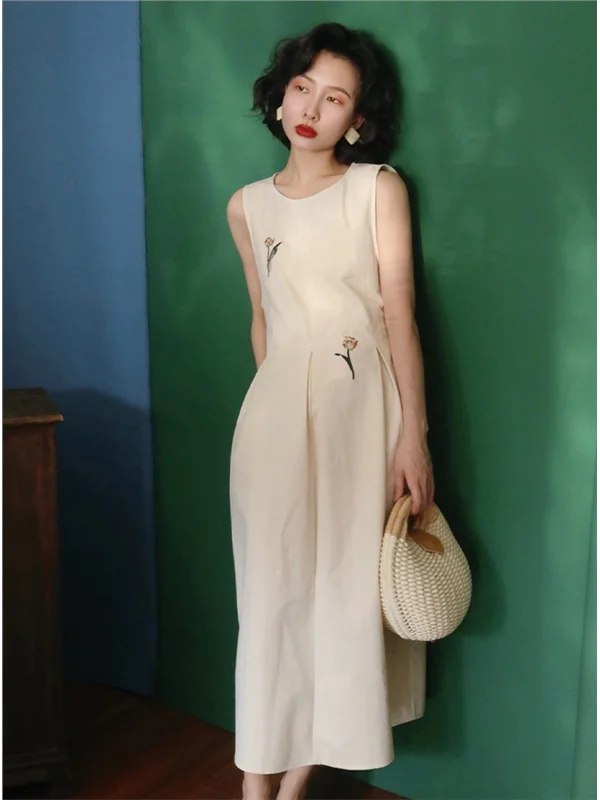 

Elegant Retro Floral Sleeveless Vest Dress Hong Kong Style Women's Formal Occasion Summer New Arrival Cotton City Commute
