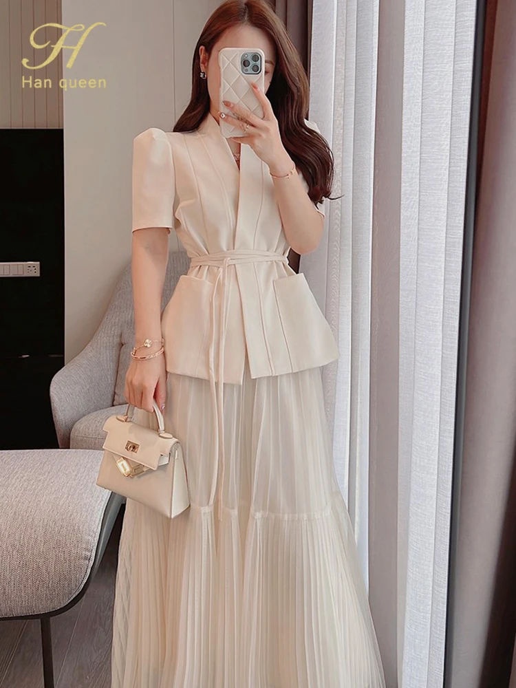 H Han Queen Elegant 2 Piece Office Dress Women Summer Simple Basic A-Line Dresses Short Sleeve Slim Long Casual Party Vestidos