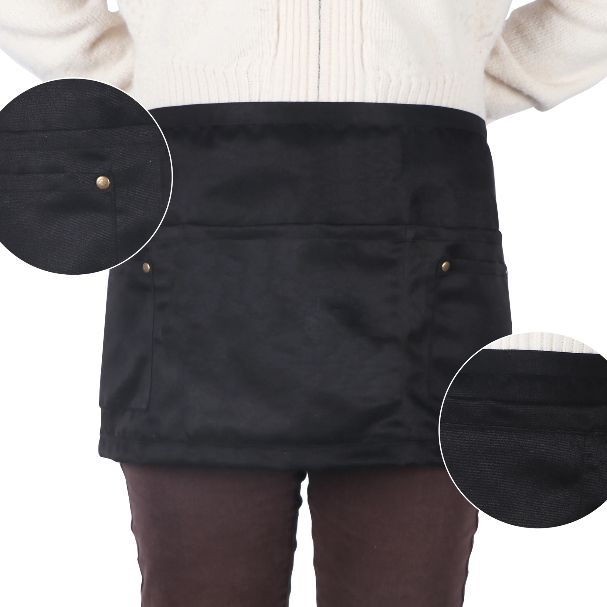 Short Server Apron with Multiple Pockets Studded Buckle Unisex Half Waiter Short Apron