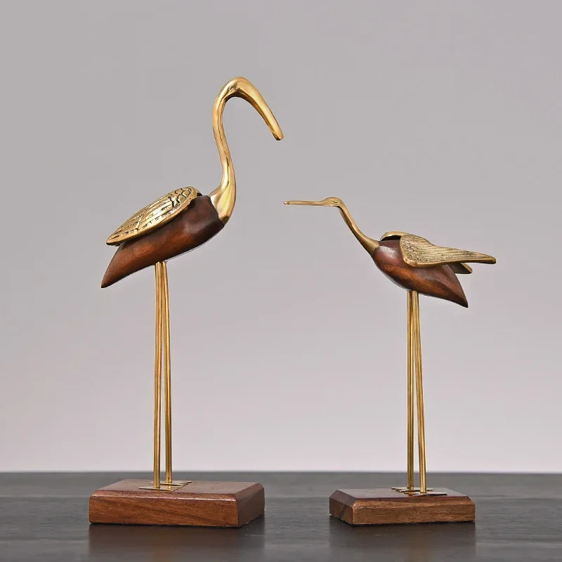 Wooden Pot Ornament Crane Bird Swan Simulation Animal Sculpture Brass Metal Sculpture Home Decoration Decorative Figurines