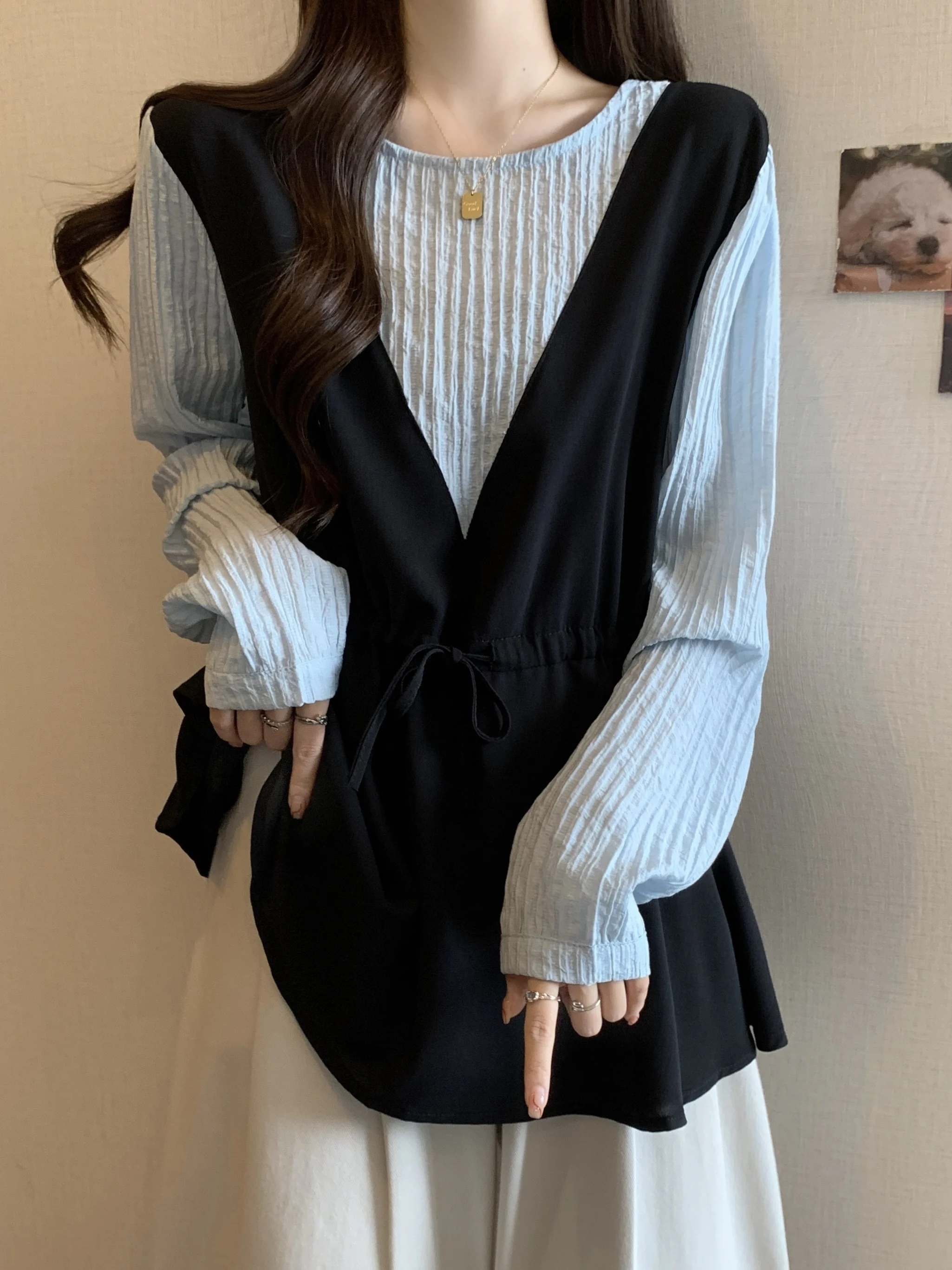 Slimming V-Ne Long Sve irt Women's plus Size Casual Sle Patchwork Top Belly Covering Waist-Cinching Autumn Faion