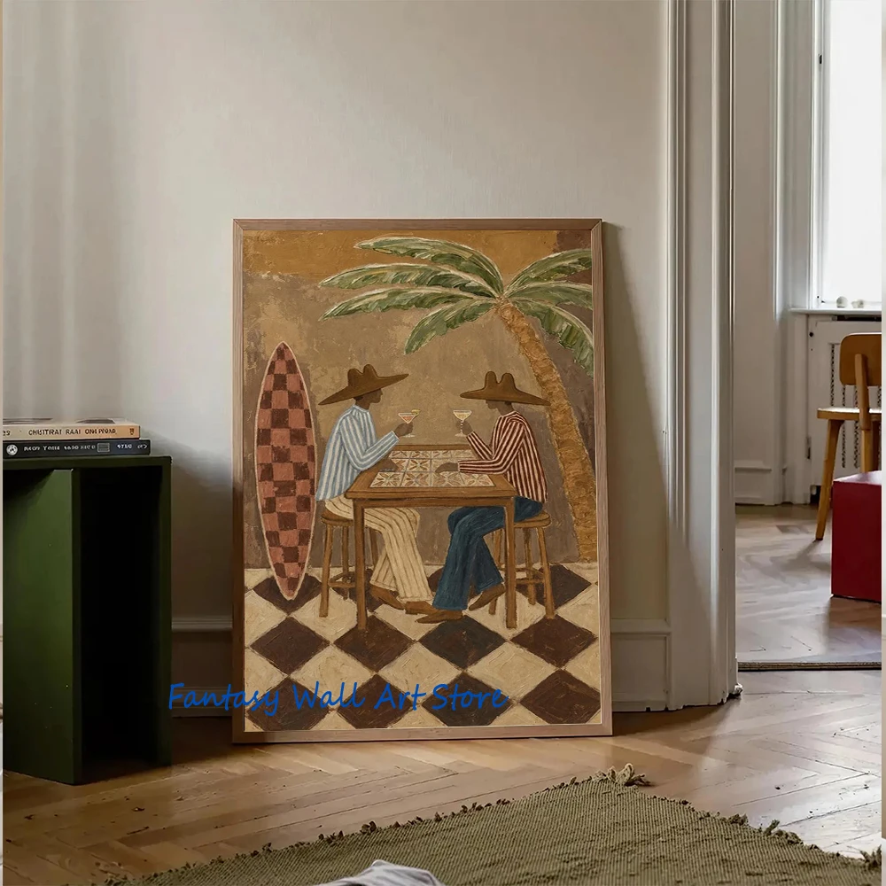 Vintage Neutral Surfer Palm Western Cowboy Surfing Poster Canvas Prints Bohemian Beach Wall Art Bedroom Living Room Coastal Art