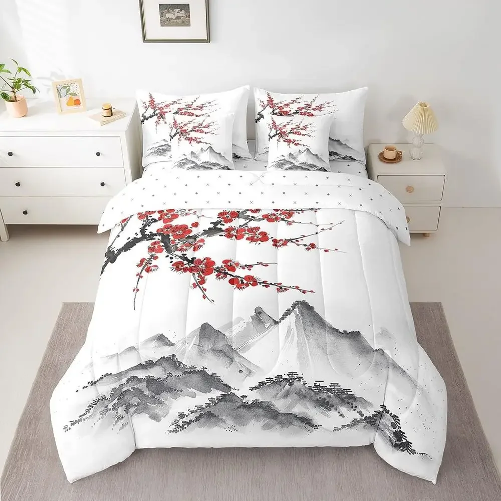 

Комплект постельного белья King Size в японском стиле с узором сакуры, включающий одеяло и стильные наволочки