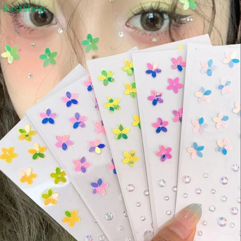 

♥ 3D хрустальный драгоценный камень, блестящие пятилепестковые цветы, наклейки для лица, татуировки, самоклеящиеся сценические наклейки для макияжа, татуировки для лица