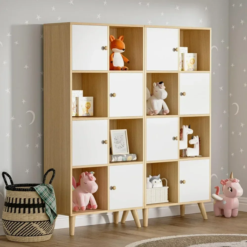 Book Shelves,Oak and White 8 Cube Organizer Set of 2,4-Tier Bookshelf with Doors,books Shelf