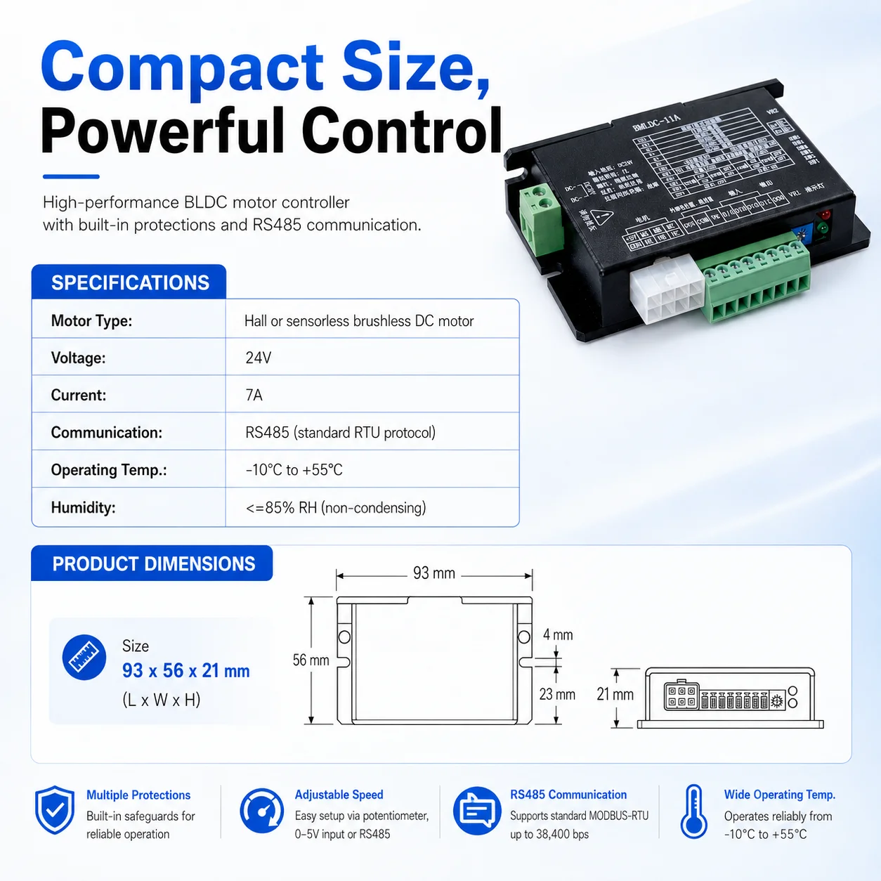 Low Voltage BLDC Motor Driver DC 24V-48V 168W-336W IP54 Protection RS485/CAN Communication Overvoltage Protection 3 Months