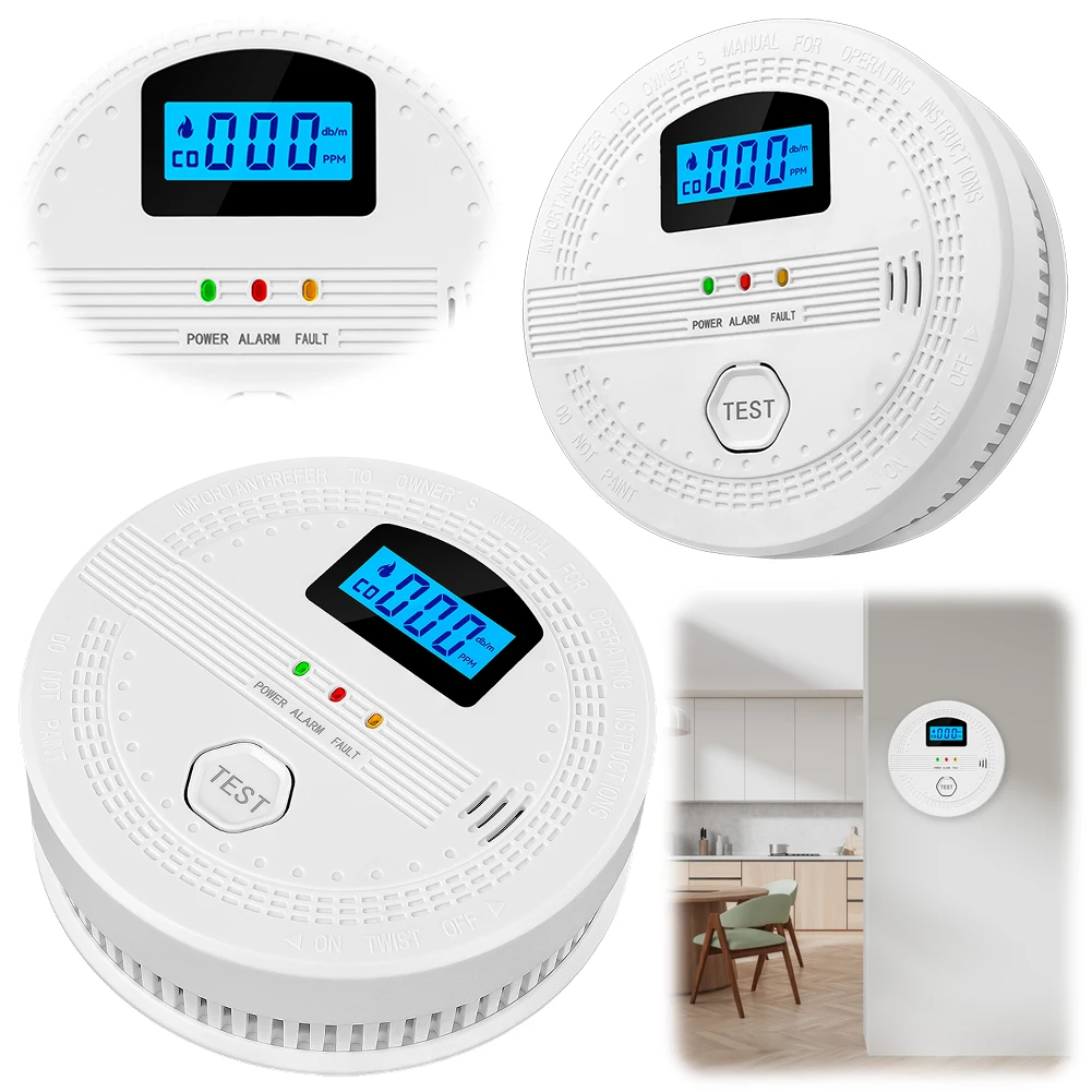 2 In 1 CO and Smoke Detector LCD Digital Display Portable Fire Co Alarm Battery Powered CO Gas Monitor Alarm for Home Warehouse