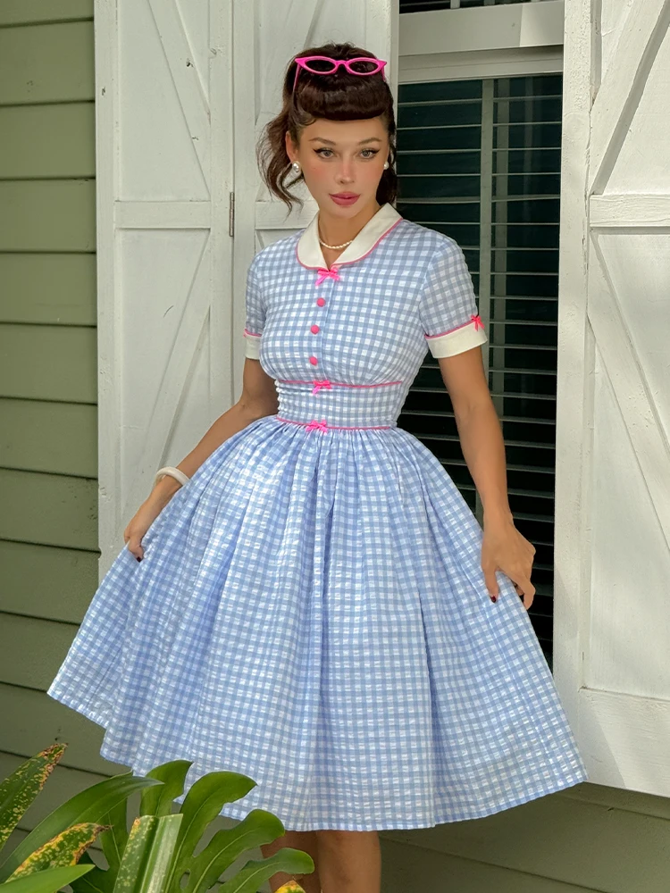 

Le Palais Vintage Original Retro Sweet Girl Blue Plaid Doll Dr Full Skirt Puffy Skirt ort Sve mid Length A-Line Dr