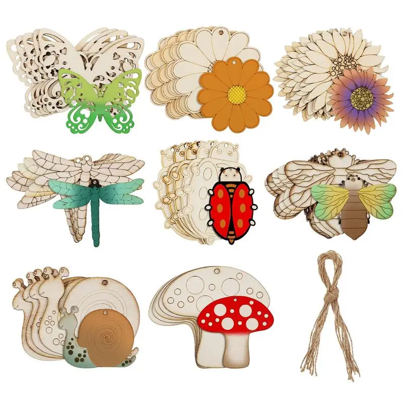 

40pcs Unfinished Wooden Crafts Animal Cutouts Hanging Slices Diy Painting Crafts With Jute Rope Flower Insect Hanging Ornaments