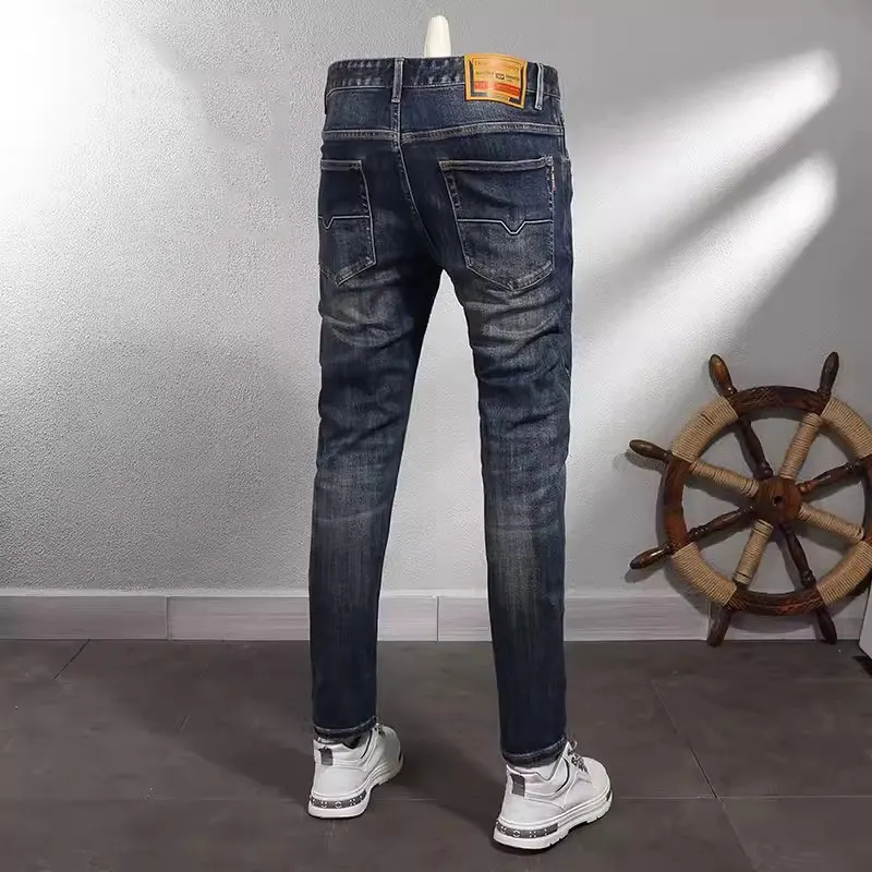 Fashion Designer Men Jeans High Quality Retro Washed Blue Elastic Slim Fit Vintage Jeans Men Casual Business Denim Pants Hombre