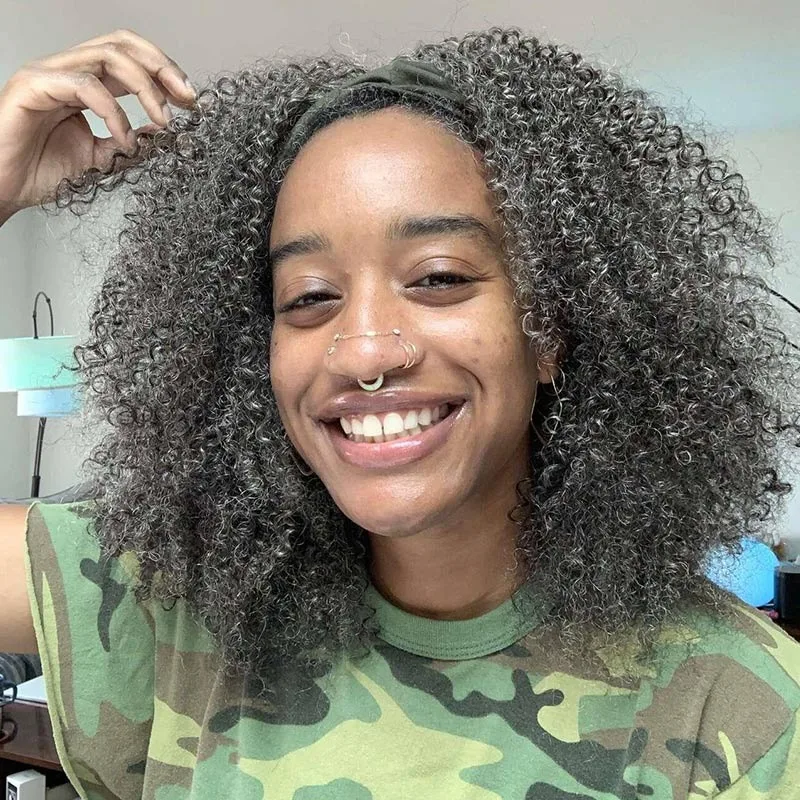 

Medium Salt and Pepper Kinky Curly 3 In 1 Half Wigs 100% Human Hair Beginner Friendly Silver Grey 3/4 Half Wig For Mature Women