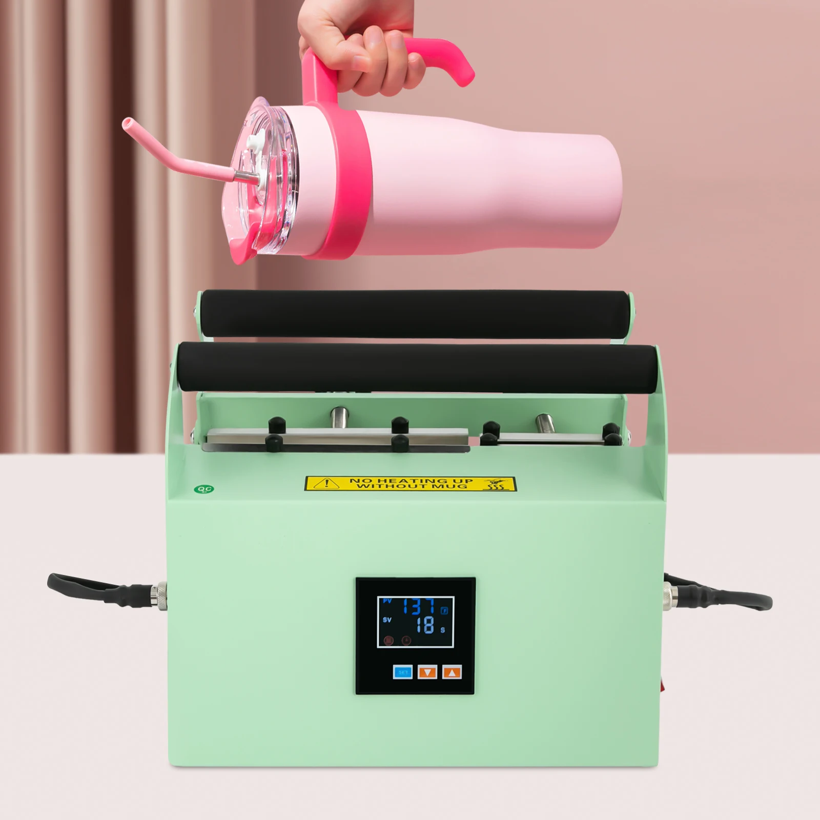 Mesin Press Panas Tumbler 500W 40Oz Hijau Muda Mesin Press Panas Tumbler 0-999s Pemanasan Merata DIY Heat Press untuk Pencetakan Mug
