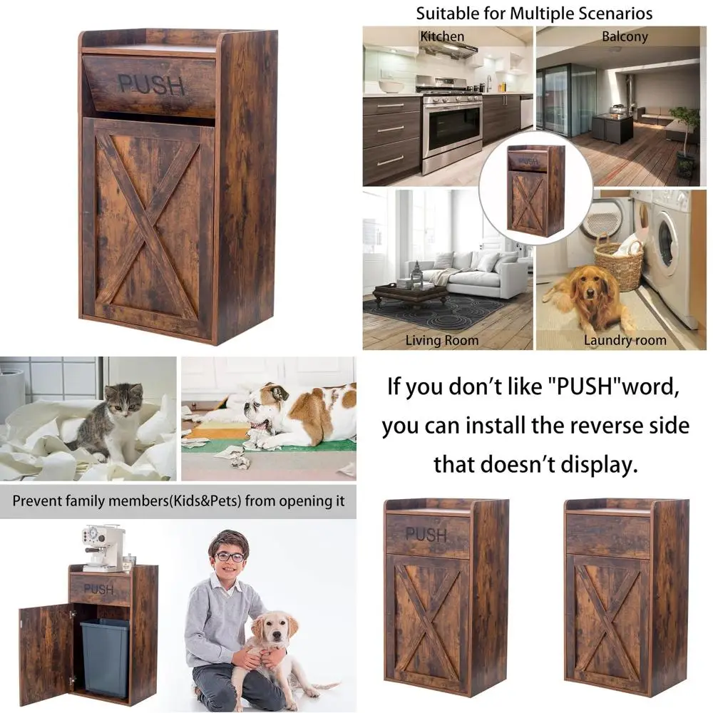 

Brown Wooden Tilt-Out Trash Cabinet with Pet-Proof Hidden Bin for Kitchen and Living Room