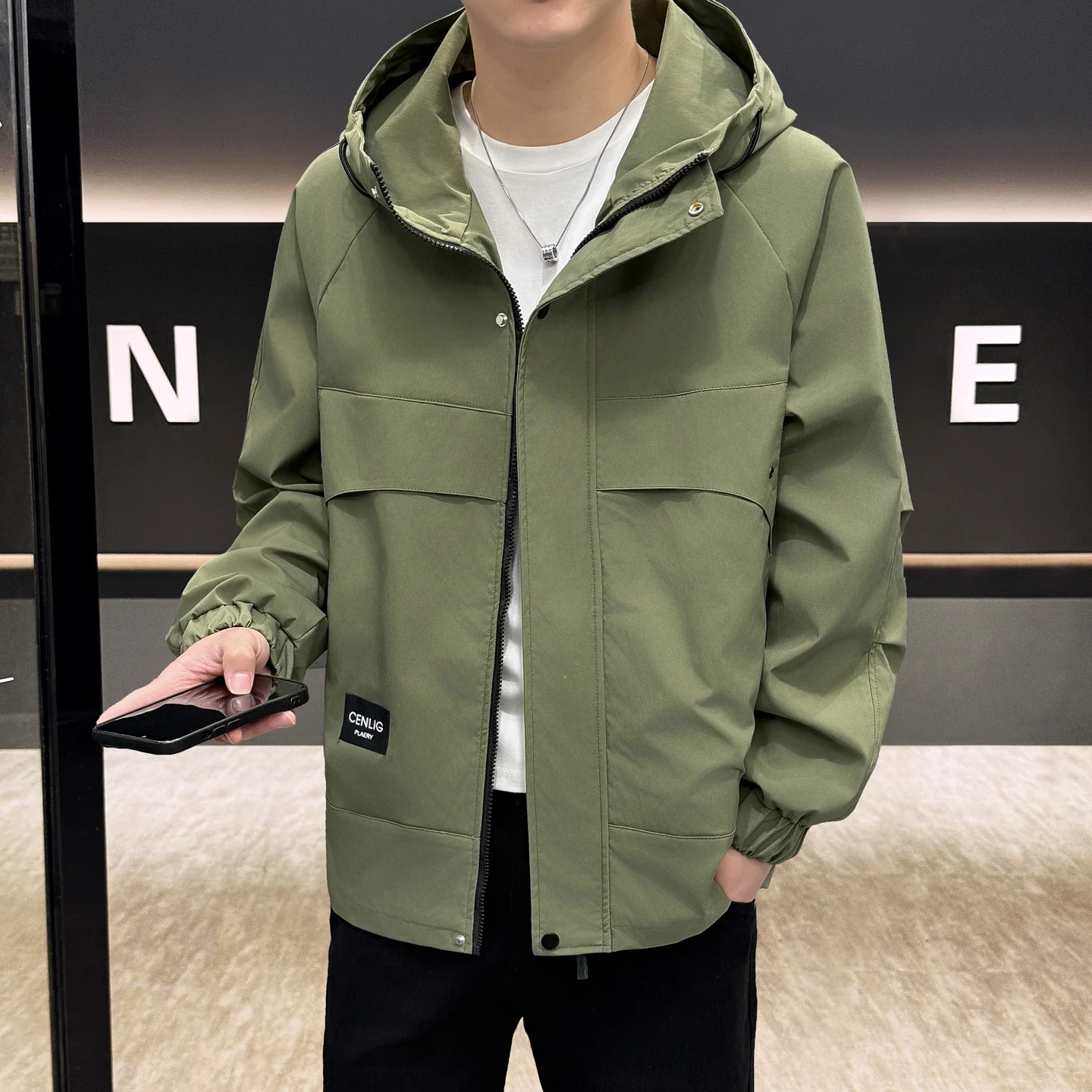 

Casual Thin Men's Jaet Hooded Coat Spring Autumn Faion Urban Sle Polyester Fabric Long Sve Zipper Closure een Color