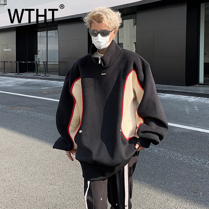 WTHT Trendy Men's Striped Patchwork Contrast Color Sweatshirt Fashion 2026 Spring Stand Collar Long Sleeves Pullover Male 2A2778