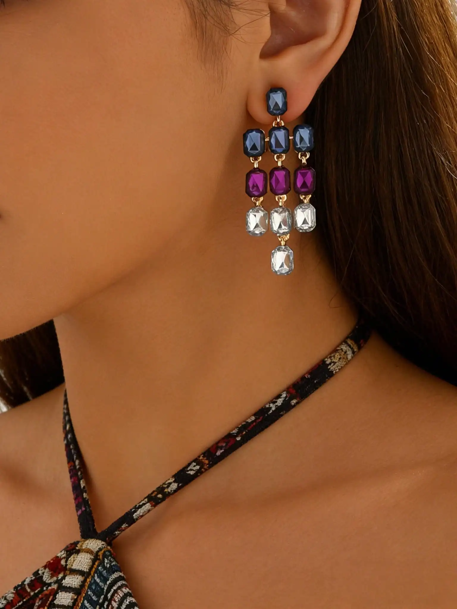 Pair of Trendy Exaggerated Retro Earrings with Tri-Color Crystal Splicing And Asymmetric Tassel for Party Dates Elegant Atmosphe