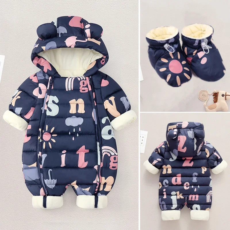 

New Baby clothes Winter Snowsuit Plus Velvet Thick Baby Boys Jumpsuit Newborn Romper Baby Girls Overalls Toddler Coat + shoes