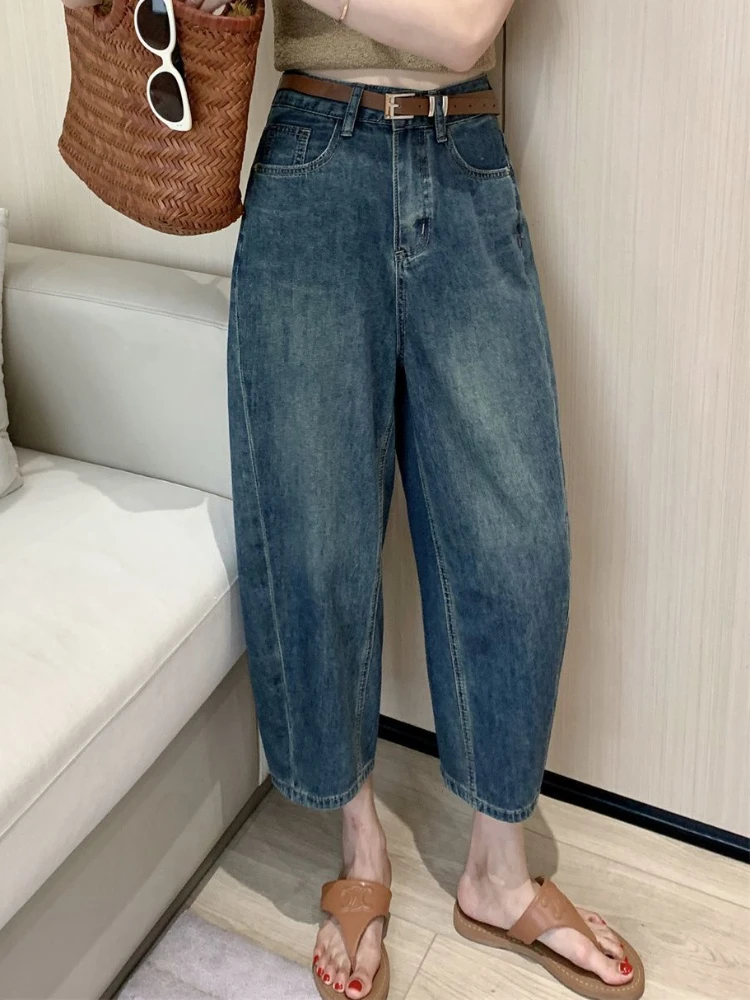 Jeans Harem da donna larghi da ufficio comodi vintage alla caviglia denim blu Harajuku Ulzzang per il tempo libero streetwear a vita alta