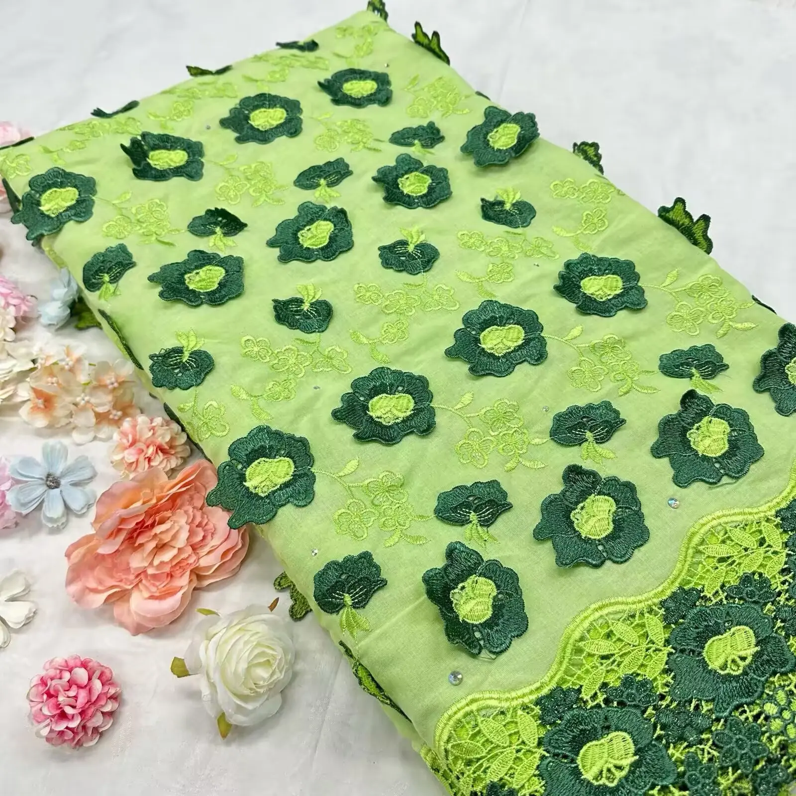 

5 Yards African Style 3D Flower Applique Swiss Voile Embroidered Water Soluble 100% Cotton Lace Fabric for Wedding Dress 16A106