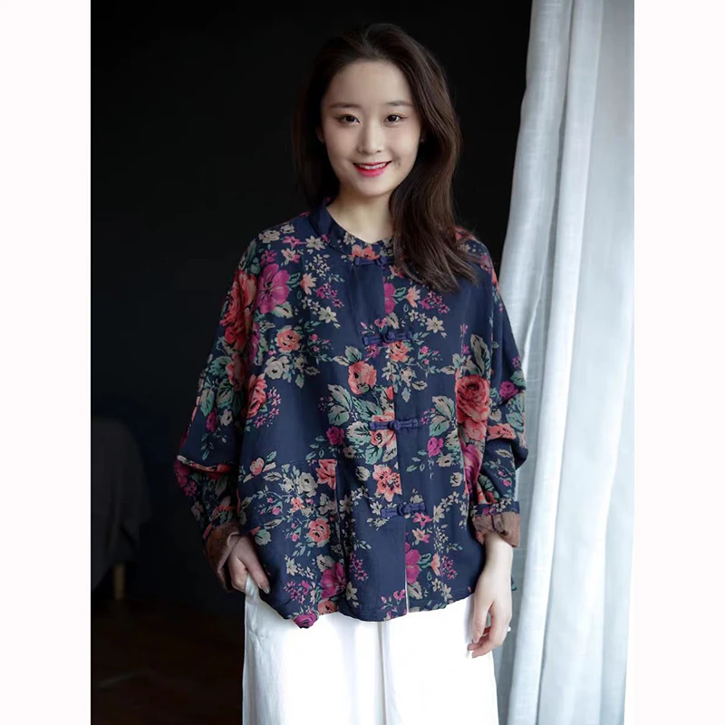 

Весенняя новая женская рубашка в стиле искусства с рукавами «летучая мышь», винтажная рубашка с принтом, хорошее качество, хлопково-льняная однобортная повседневная блузка, топы JM52