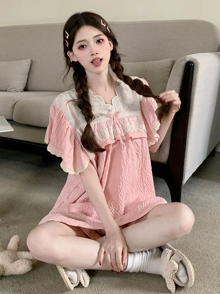 Summer Thin Pajamas For Women 2024 New Short Sleeves Shorts 2Pcs Female Home Sleepwear Sets Lace Ruffles Pullover Nightgown