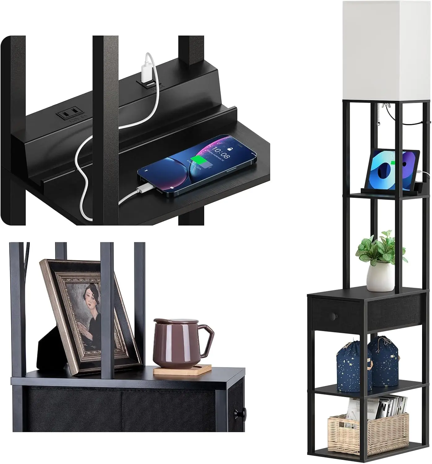 

Floor Lamp with USB Charging, Outlet, Drawer & Shelves - Adjustable LED Light for Living Room, Bedroom, Office