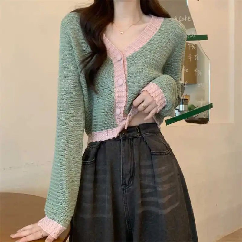 V-neck Knitting Cardigan Women Autumn Winter Casual Slim Solid Color Long Sleeve Sweater All-match Office Lady Knitwear Tops