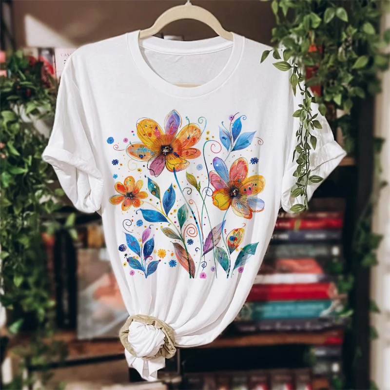 Printed Short Sleeved Casual Women's Pattern Christmas Tree Snow Scene Style New Year O-Neck Cartoon Top Women's White T-Shirt