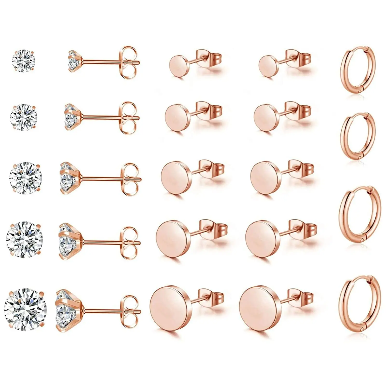 1 Pair Rosegold Tone Stainless Steel Multiple Piercing Small Huggie Hoop Earrings CZ Cartilage Stud Earrings Set for Women