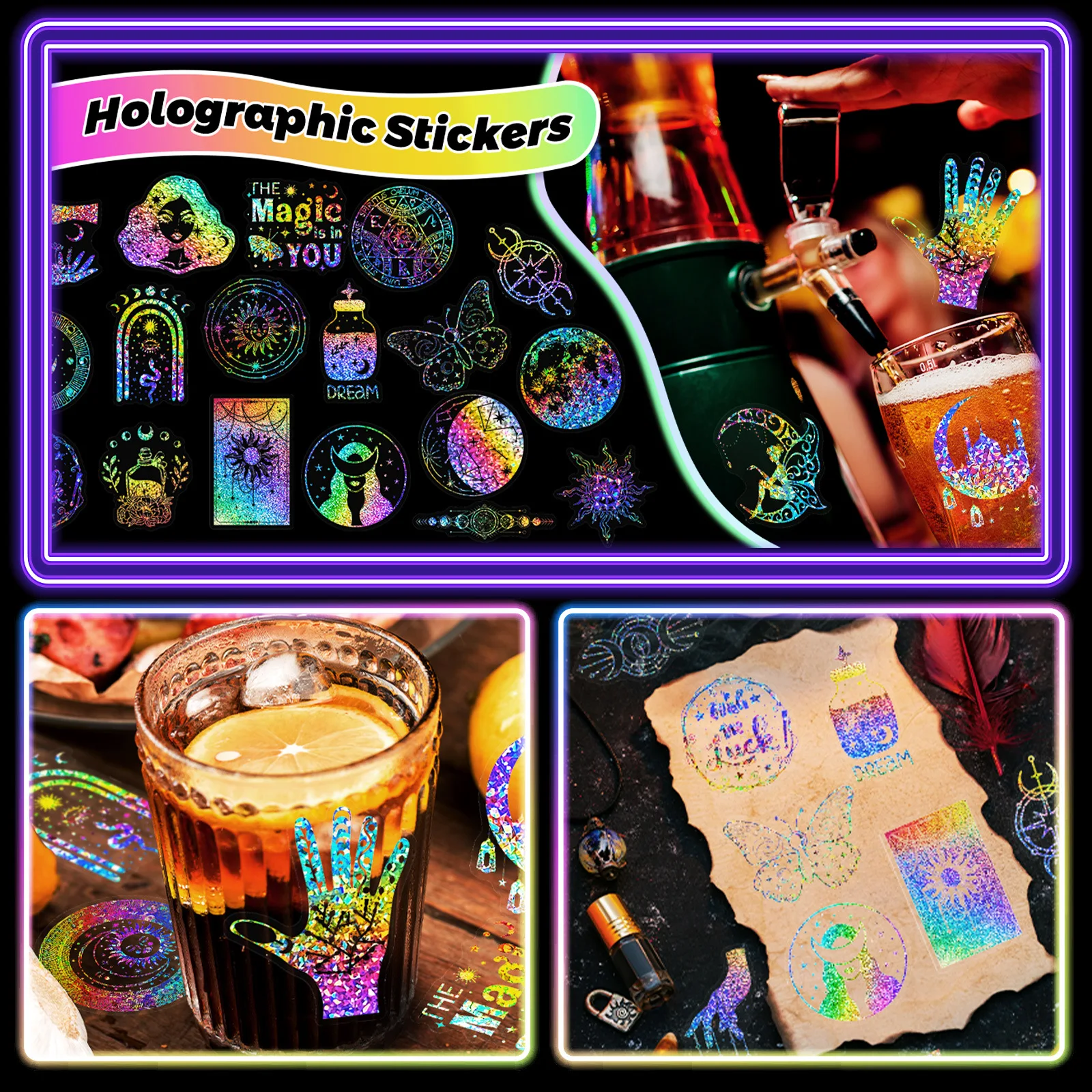 100 Pcs Shiny Holographic Stickers for Resin Transparent Stickers Glitter Resin Stickers Decorative Stickers for phone