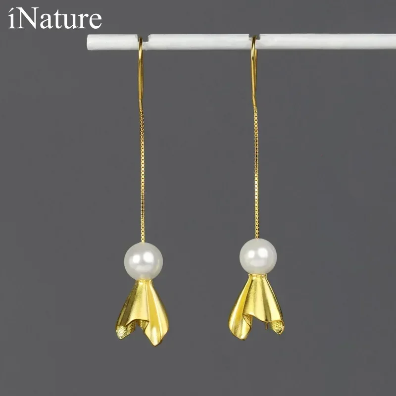 INATURE Lucky Sunny 925 Sterling Silver White Pearl Long Earrings for Women Jewelry Brincos