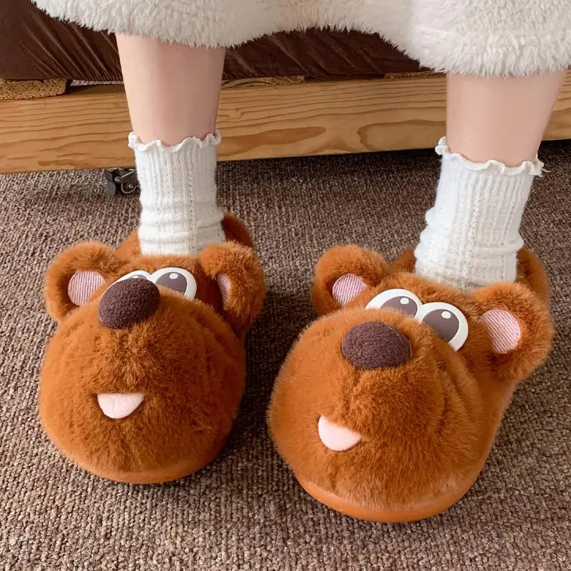 Cute Cartoon Mouse Furry Indoor Slippers Winter 2026 Soft Thick Bottom Fluffy Fur Slippers Woman's Lovely Home Cotton Shoes