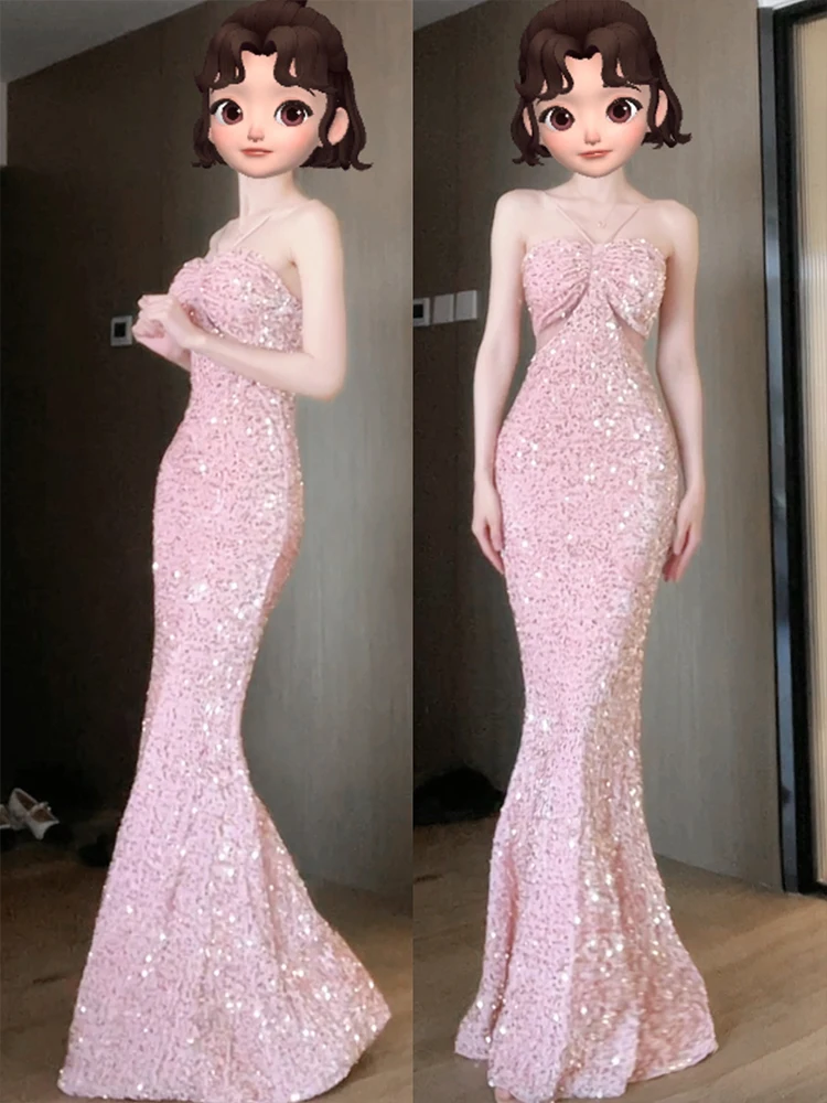 

Розовое вечернее платье с пайетками на одно плечо, сексуальное, с завышенной талией, длинная юбка для женщин 8-25 лет